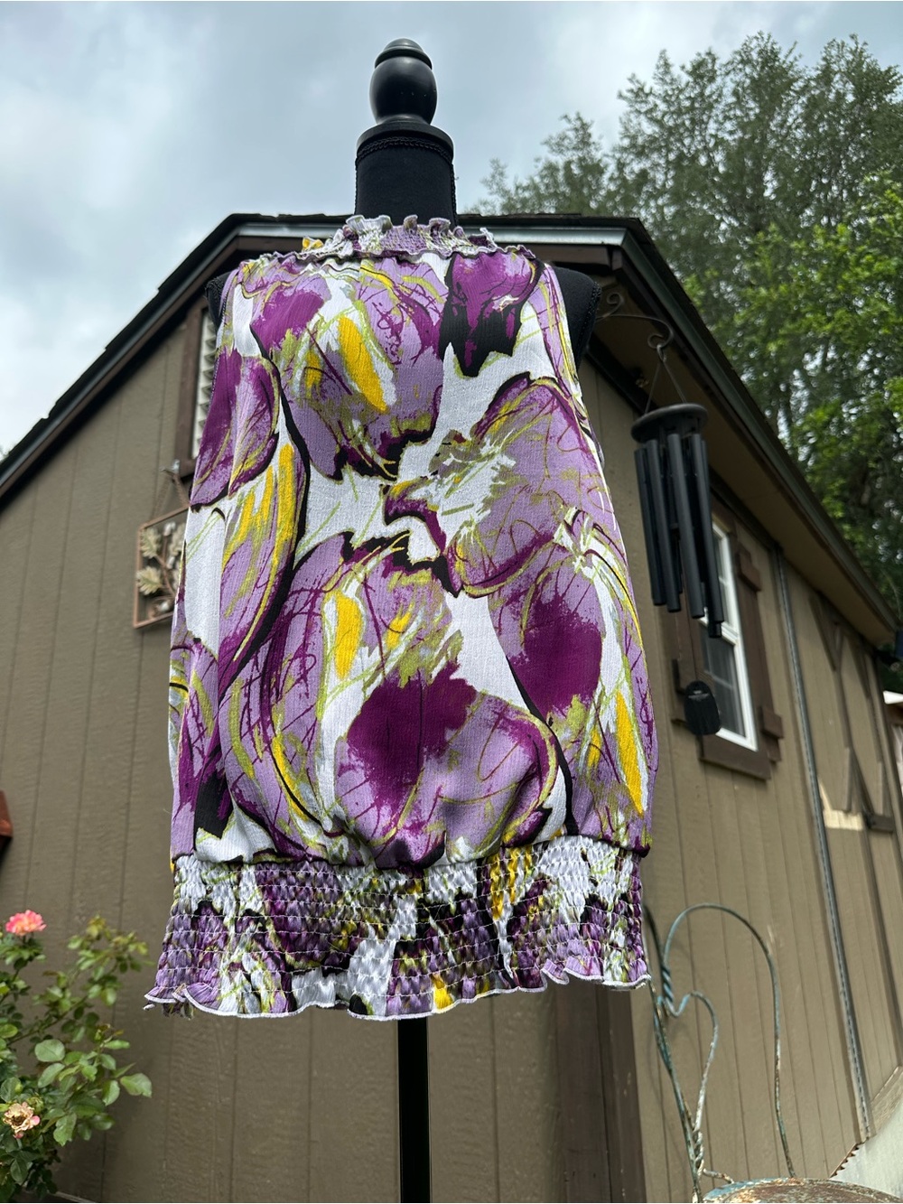 Milano Purple Floral Smocked Neck Sleeveless Blouse